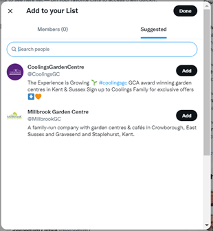 A screengrab of the Add To Your List feature on Twitter