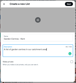 A screengrab of the Create A New List Function on Twitter