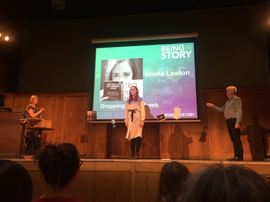 Emma Lawton, who has Parkinson's, on stage at Being The Story 2016