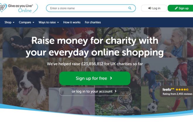 A screengrab of the Give As You Live website homepage